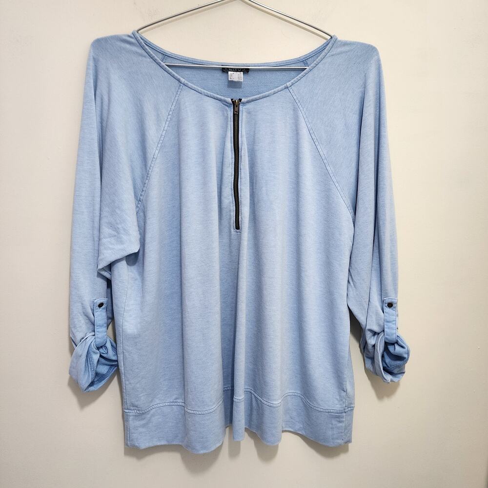Venus blue half zip front scoop neck long tab‎ sleeve blouse woman's 3X